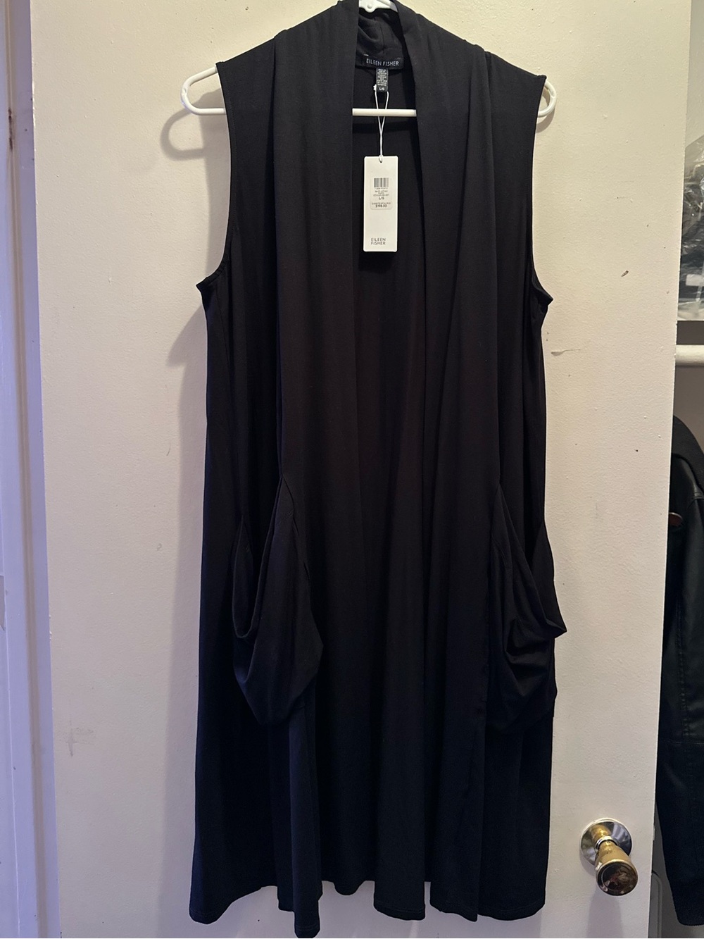 Eileen Fisher Black Open Front Draped Sleeveless Cardigan- Size L
